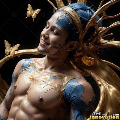 A smiling man leans back in swirling gold fluid with blue paint on his skin
