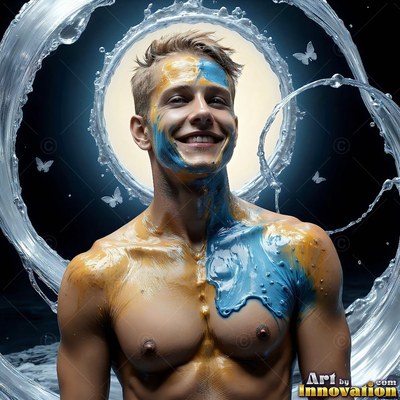 Facing forward in a studio, a smiling man has blue and gold paint on his chest