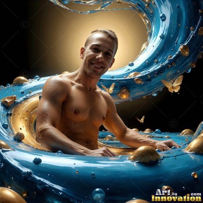 In a studio, a shirtless smiling man sits inside a swirl of glossy blue liquid