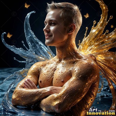 Smiling with crossed arms, a bare-chested man sits as water and gold paint splash behind him