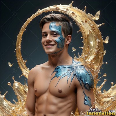 Blue paint marks the face of a smiling shirtless man standing before a circle of gold liquid splash