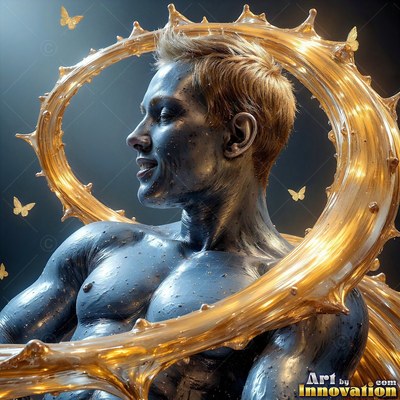 Turned in profile in a dark studio, a blue painted man is circled by gold liquid splash