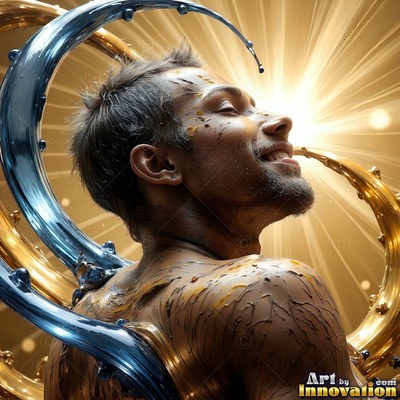 In bright studio light, a smiling man tilts his head beside swirls of blue and gold liquid