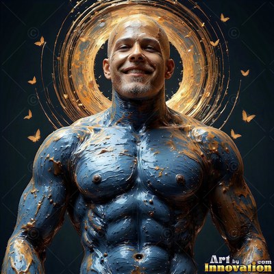 Smiling under a gold ring, a muscular man stands coated in blue and bronze paint