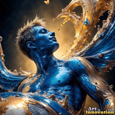 Blue paint covering his skin, a man leans back against splashing gold fluid in the dark studio light