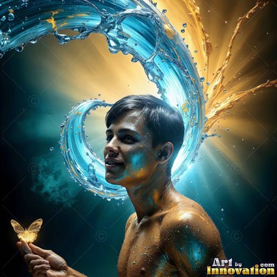 A shirtless man holds a small butterfly as blue water swirls over him