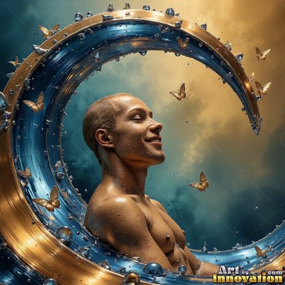 Smiling with closed eyes, a shirtless man rests inside a wave of blue water and gold metal