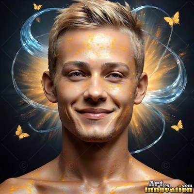 Smiling man with gold specks and blue water rings