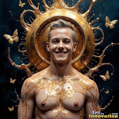 Facing front in a dark room, a smiling man covered in splashed gold liquid