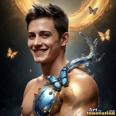 A smiling shirtless man with gold paint and blue water splashing on his shoulder