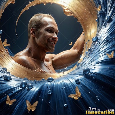 Smiling through a circle of paint, a shirtless man looks past blue and gold waves
