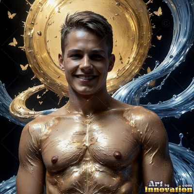 A smiling man is standing covered in wet gold paint with shiny silver water splashing behind him