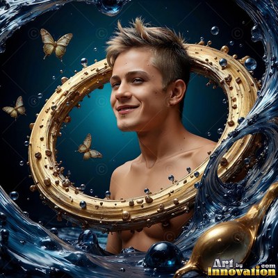 Smiling from the chest up inside a swirling gold ring, a man rests in deep blue water