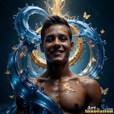 A smiling shirtless man with swirls of blue water and gold fluid splashing around him