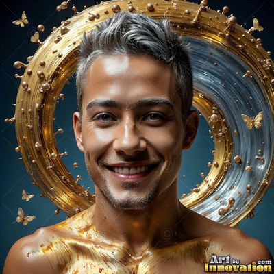 In a dark studio, a smiling man has gold paint on his chest below swirling rings