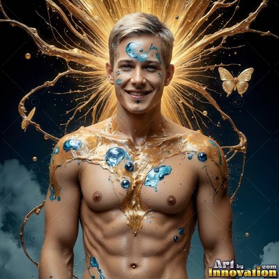 Smiling shirtless, a young man poses with splashes of gold paint behind him