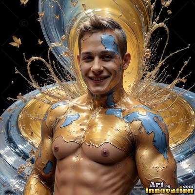 Smiling man splashed with gold and blue liquid paint