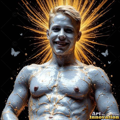 Coated in glossy gray paint, a smiling man stands before bright gold streaks on black