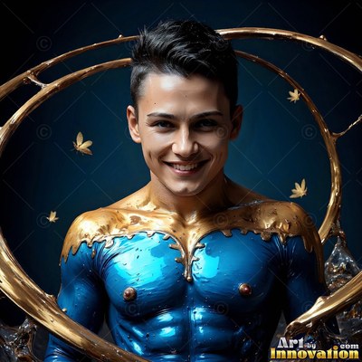 Facing forward in a dark studio, a smiling man wears blue and gold paint