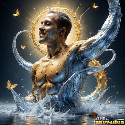 In a dark studio, a shirtless man rises from water surrounded by gold butterflies