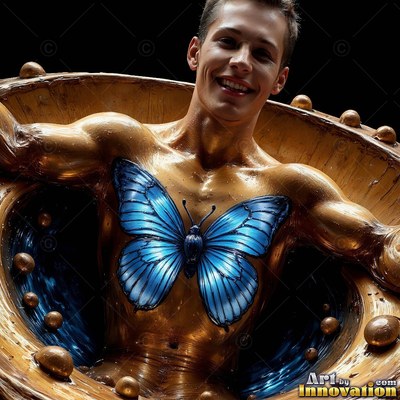 Smiling broadly, a man coated in gold paint has a blue butterfly on his chest