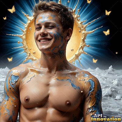 Blue and gold paint smears cover a smiling shirtless man before a bright halo splash