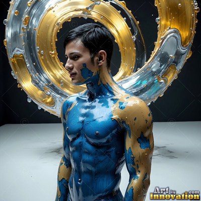 A man stands coated in blue and gold paint under a swirling ring of metallic fluid