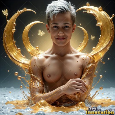 Facing forward in a dark studio, a shirtless man rests in splashing gold liquid