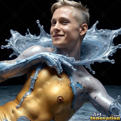 In a dark studio, a smiling man reclines in splashes of gold and silver liquid