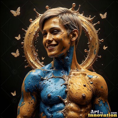 Smiling warmly, a shirtless man covered in thick blue and gold paint poses with a gold halo