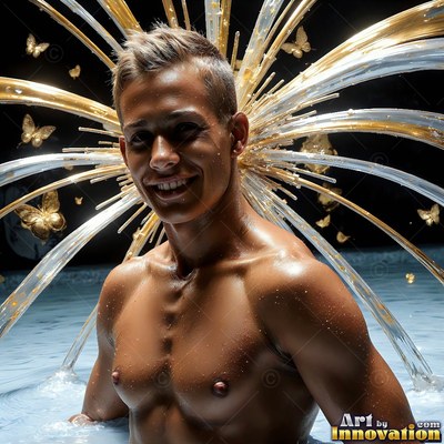 Smiling shirtless man in water framed by gold and clear splashes