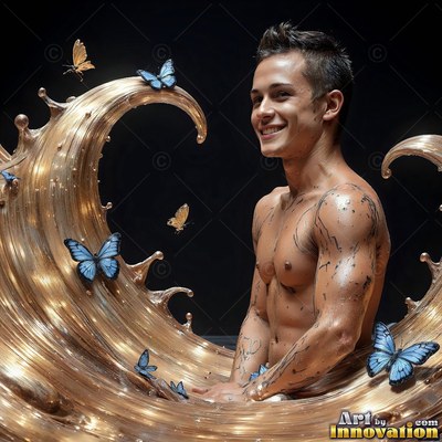Dark paint flecks speckle a smiling shirtless man resting inside a swirling bronze wave with blue butterflies