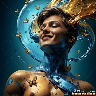 A smiling shirtless man with blue paint and gold liquid swirling around him with butterflies