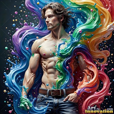 Standing in profile, a shirtless man is enveloped in thick swirls of rainbow paint