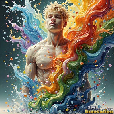 A shirtless blond man splashed with blue and rainbow paint
