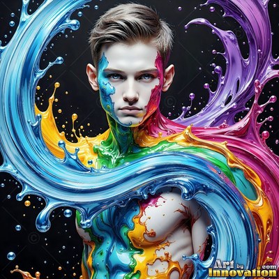 Blue liquid splashed on his face, a shirtless man is standing in a dark studio surrounded by swirling paint streams