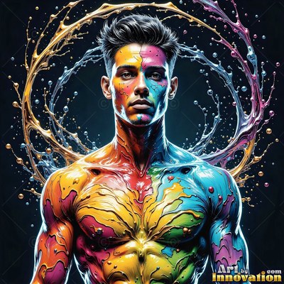 A bare-chested man stands framed by splashing liquid in bright yellow, pink, and blue