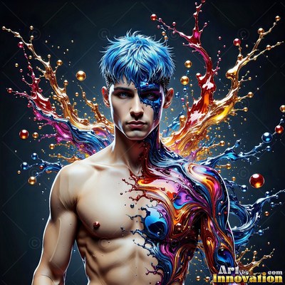 Facing forward in a dark studio, a shirtless man covered in blue splash paint