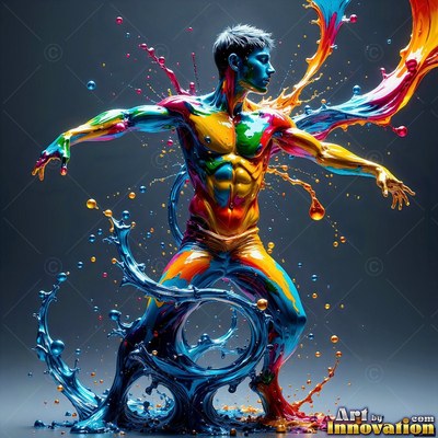 A man covered in wet blue and yellow paint dances in a studio