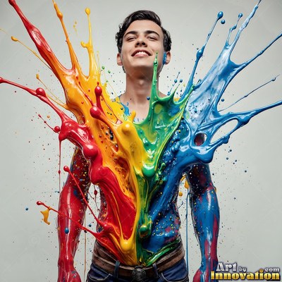 In a bright studio, a smiling young man stands splashed with red, yellow, and blue paint