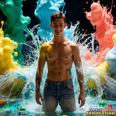Standing in splashing water, a smiling shirtless man poses in front of colorful paint sculpture