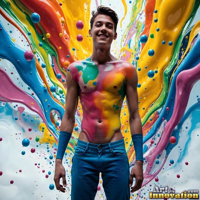 Smiling young man covered in colorful paint splashes in blue pants