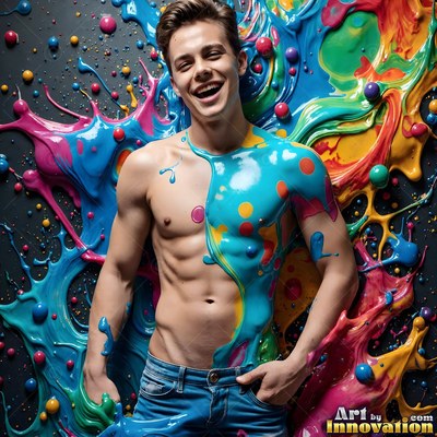 Blue jeans on a smiling, shirtless man covered in splashes of thick wet paint against a dark studio wall