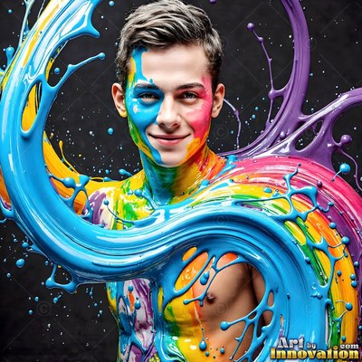 A smiling man poses as thick ribbons of bright blue paint splash across his body