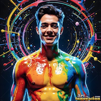 Facing forward in a dark studio, a smiling man covered in red and yellow paint splashes