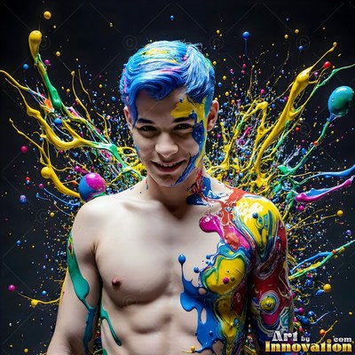 A shirtless smiling man is covered in splashing blue and yellow paint