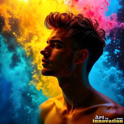 Against clouds of blue and yellow powder, a shirtless man looks up in profile