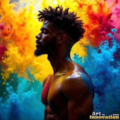 Facing sideways, a shirtless Black man stands before clouds of yellow and blue powder