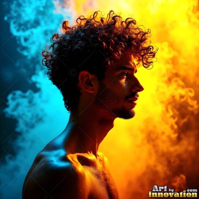 Curly-haired man in profile between blue and yellow smoke
