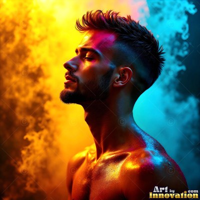 Spiky dark hair tops a shirtless man in profile between yellow and blue smoke clouds